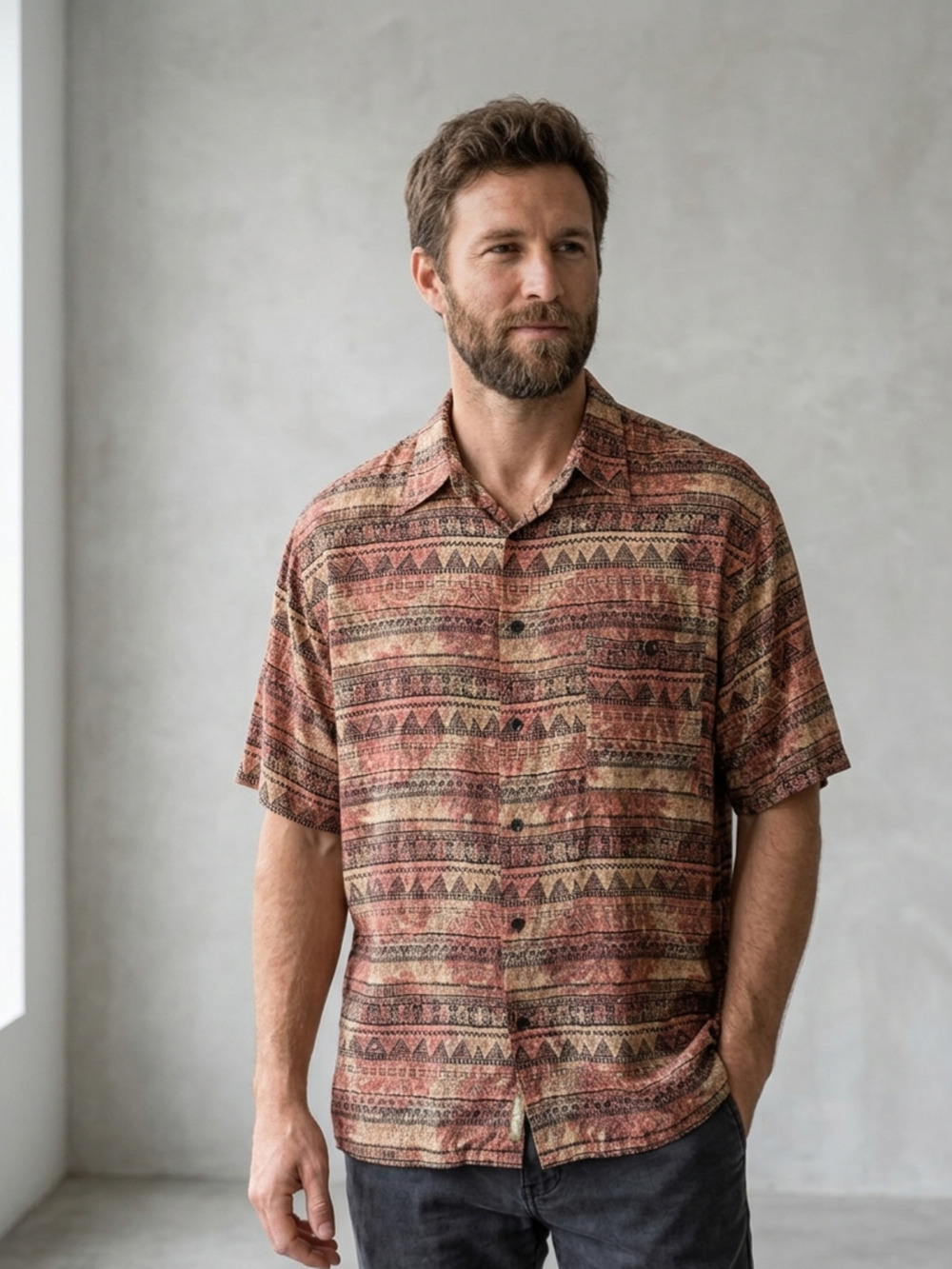 Natural Issue Abstract Tribal Rayon Button Up Shirt XL